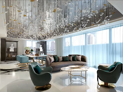 Elegant Modern Living Dining Room With Crystal Chandelier Sectional Sofa And Large Windows 3d model
