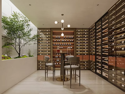 Modern Wine Cellar Interior With Wooden Wine Racks Bar Stools And Pendant Lights 3d model