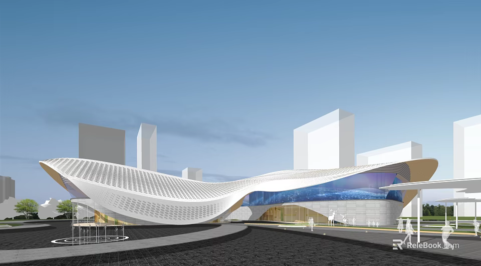 Modern Architectural Structure With Curved White Design And Glass Facade In Urban Area With Pedestrians 3d model 