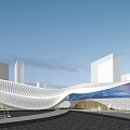 Modern Architectural Structure With Curved White Design And Glass Facade In Urban Area With Pedestrians