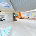 Contemporary Exhibition Hall Interior With Orange Walls White Floor Sofa And Digital Screens