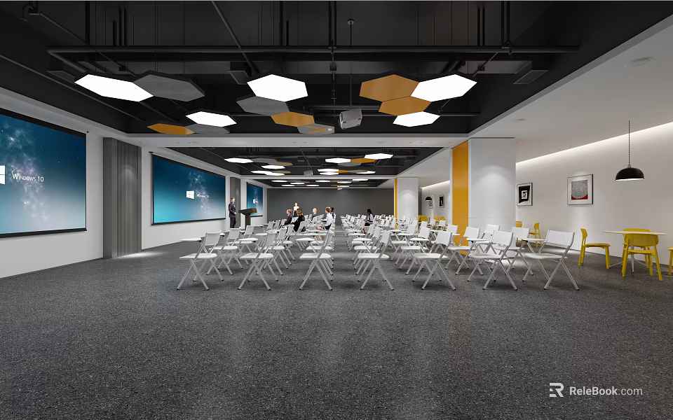 Modern Conference Room Interior With Arranged Chairs Projector Screen And Ceiling Lights 3d model 