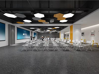 Modern Conference Room Interior With Arranged Chairs Projector Screen And Ceiling Lights 3d model