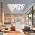 Modern Hotel Lobby Interior With Glass Skylight Large Windows Sofas And Green Plants