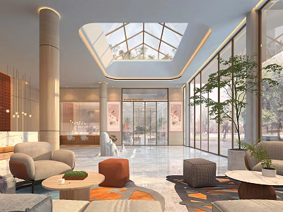 Modern Hotel Lobby Interior With Glass Skylight Large Windows Sofas And Green Plants 3d model