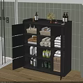 Bathroom Accessories Organized in Black Cabinet with Towels Baskets Toiletries and Green Plant