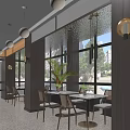 Modern Café Interior With Hanging Lights Green Plants Wooden Accents And Large Windows