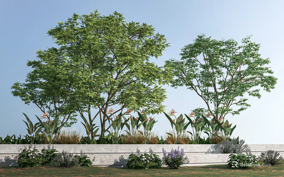 Tall Trees in Outdoor Landscape With Green Foliage and Colorful Flower Plants 3d model 