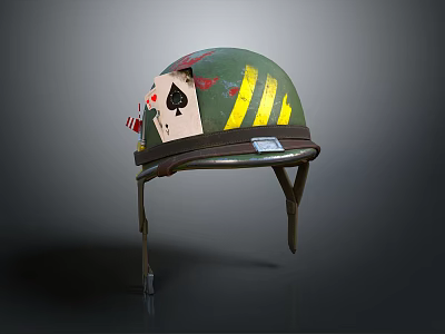 Weapon Themed Military Helmet With Green Finish Ace Of Spades Sticker And Yellow Stripes 3d model