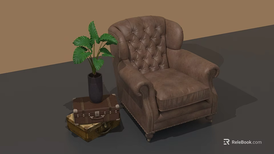 Brown Leather Tufted Armchair With Suitcase Side Table And Green Plant 3d model 