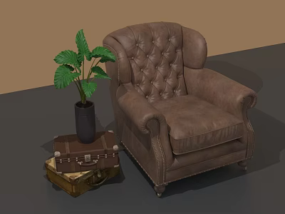 Brown Leather Tufted Armchair With Suitcase Side Table And Green Plant 3d model