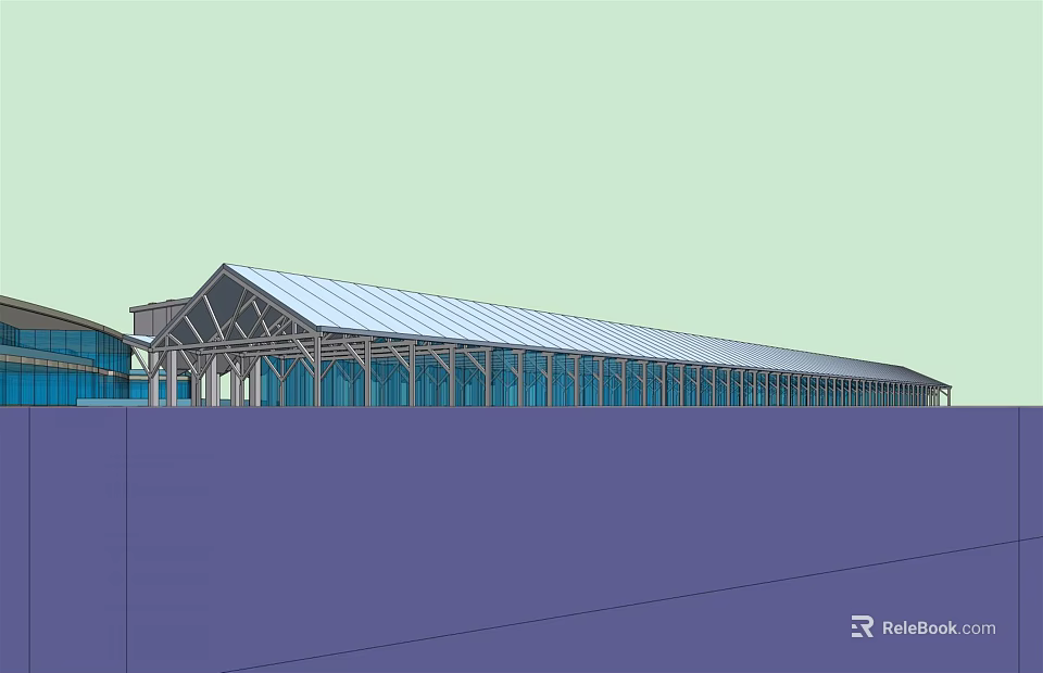 Modern Public Building With Long Span Sloped Roof And Glass Facade 3d model 