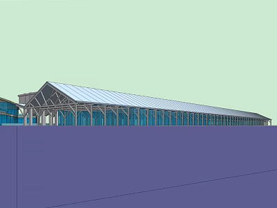 Modern Public Building With Long Span Sloped Roof And Glass Facade 3d model