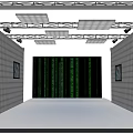 Cartoon Tech Scene With Green Code Flowing White Block Walls Screens And Colorful Floor Glow