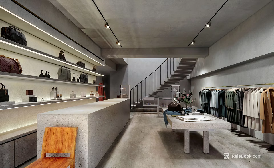 Modern Clothing Store Interior With Staircase Counter Table And Clothes On Display Racks 3d model 