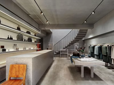 Modern Clothing Store Interior With Staircase Counter Table And Clothes On Display Racks 3d model