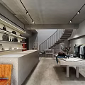 Modern Clothing Store Interior With Staircase Counter Table And Clothes On Display Racks