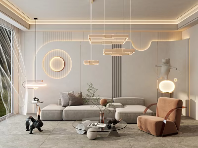 Modern Living Room Interior Featuring Sectional Sofa Glass Coffee Table And Pendant Lights 3d model