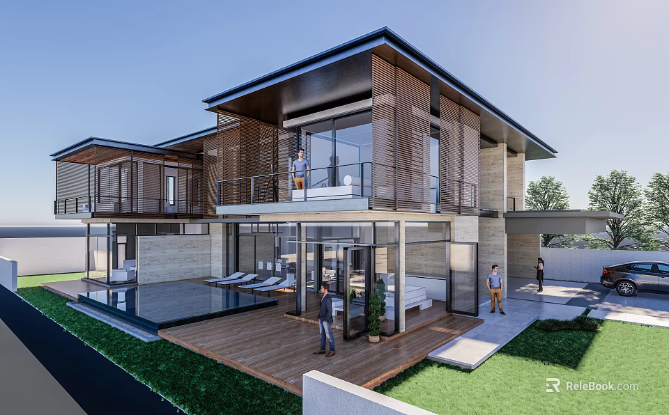 Modern Detached Villa With Floor to Ceiling Glass Windows Wooden Facade Swimming Pool And Terrace 3d model 