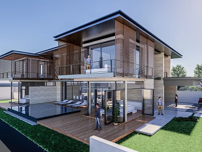 Modern Detached Villa With Floor to Ceiling Glass Windows Wooden Facade Swimming Pool And Terrace 3d model