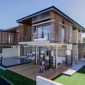 Modern Detached Villa With Floor to Ceiling Glass Windows Wooden Facade Swimming Pool And Terrace