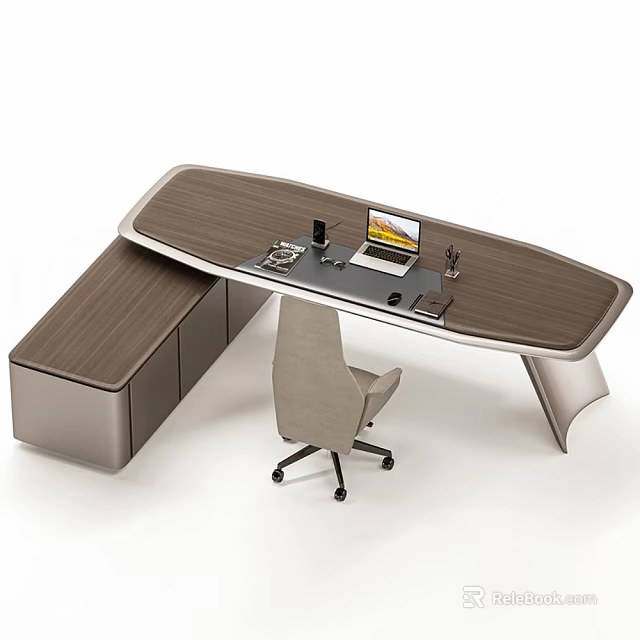 Modern Minimalist Home Office Desk With Wooden Top Laptop Drawer Unit And Ergonomic Chair 3d model 