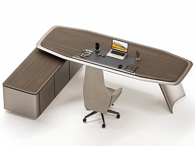 Modern Minimalist Home Office Desk With Wooden Top Laptop Drawer Unit And Ergonomic Chair 3d model