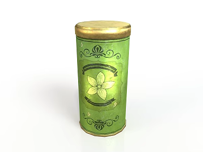 Green Decorative Tin Can With Gold Lid And Floral Pattern For Storage 3d model