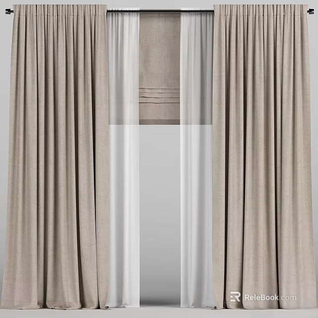 Beige Linen Curtains With Sheer Insert For Modern Home Interior Design 3d model 