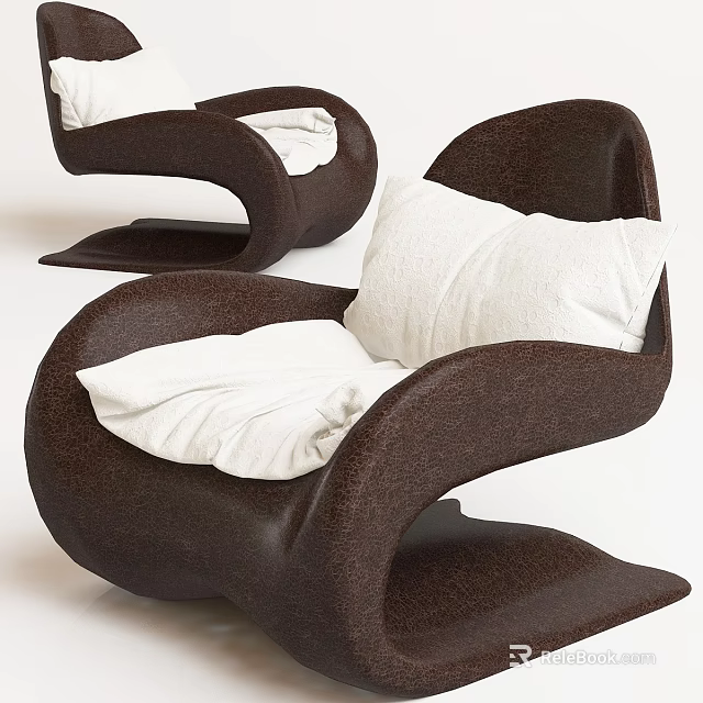 Modern Single Seater Sofa With Curved Brown Frame And White Cushions 3d model 