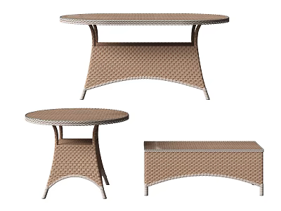 Brown Woven Rattan Dining Table With Small Round Table And Bench Set 3d model