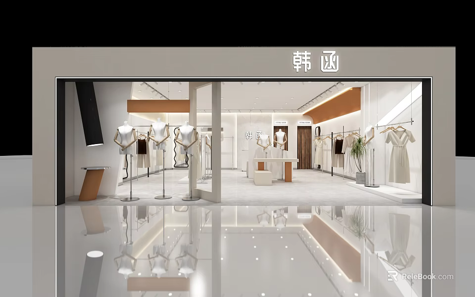 Modern Fashion Clothing Store With Mannequins Display Racks And Bright Interior 3d model 