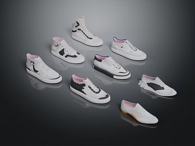 Casual Footwear Various Styles High Top And Low Top White Shoes With Black Pink Details 3d model