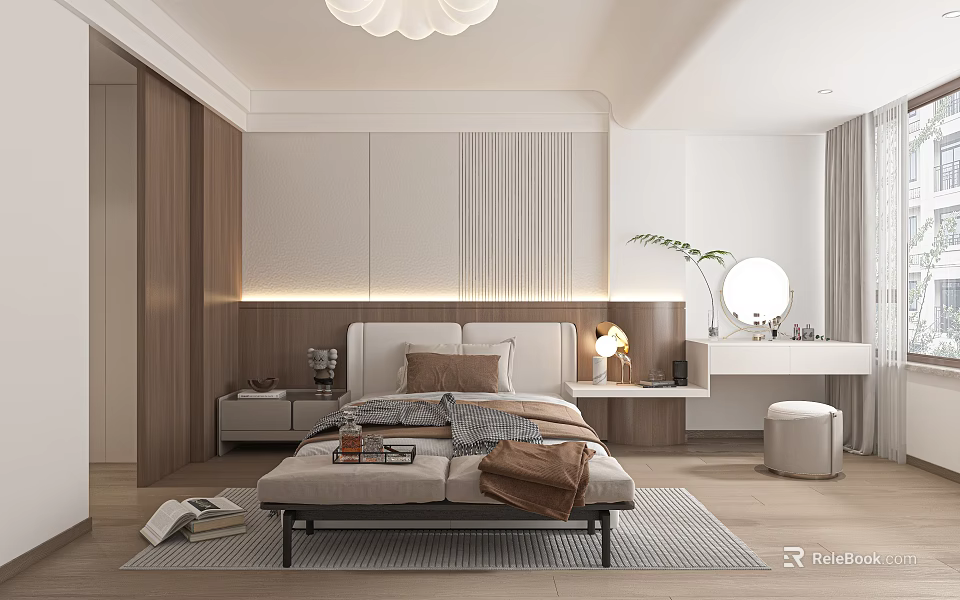 Modern Bedroom Interior With Wooden Bed Nightstands Dressing Table Rug And Chandelier 3d model 