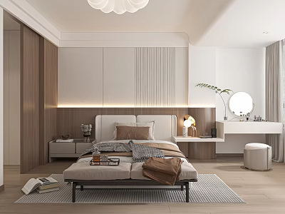 Modern Bedroom Interior With Wooden Bed Nightstands Dressing Table Rug And Chandelier 3d model