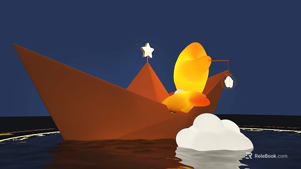 Charming Photo Spot With Orange Paper Boat Yellow Glowing Duck Star Decoration Cloud Water Reflection 3d model 