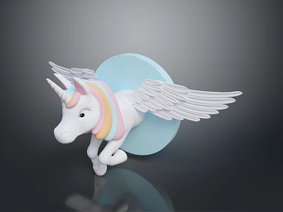 Cute White Unicorn With Rainbow Mane And Wings On Blue Circular Wall Mounted Decoration 3d model