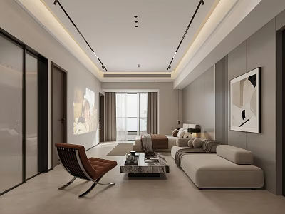 Modern Apartment Living Room With Neutral Tones Sofa Coffee Table And Floor to Ceiling Windows 3d model