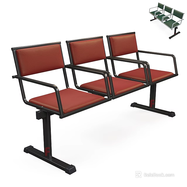 Three Seat Outdoor Chair With Red Cushions And Black Metal Frame 3d model 