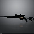 Black Sniper Rifle With Scope And Orange Glowing Component On Reflective Gray Surface
