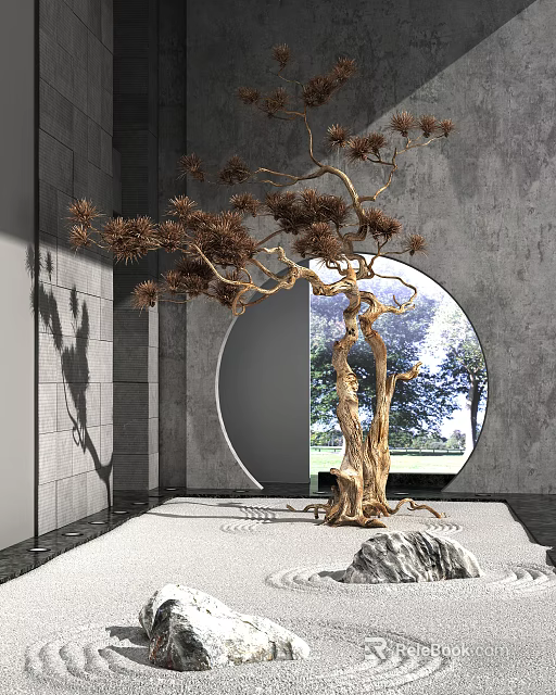 Modern Garden Ornament With Circular Window Unique Dried Tree Light Pebble Floor And Gray Wall 3d model 
