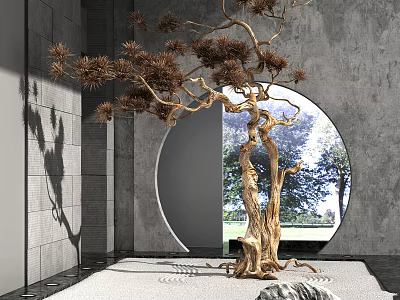 Modern Garden Ornament With Circular Window Unique Dried Tree Light Pebble Floor And Gray Wall 3d model