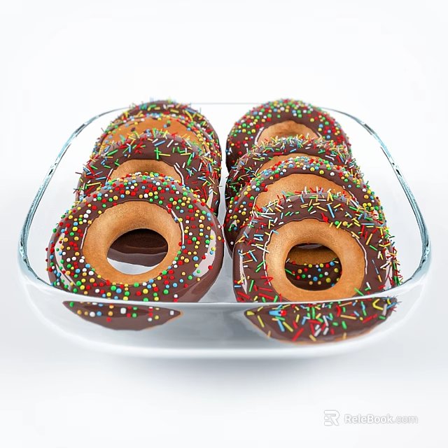 Delicious Chocolate Donuts Topped With Colorful Sprinkles On Clear Glass Plate 3d model 