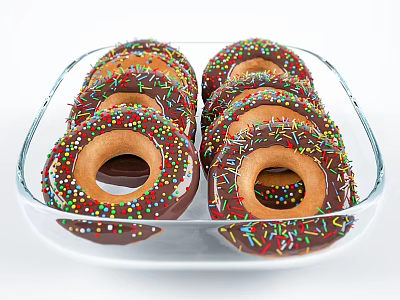 Delicious Chocolate Donuts Topped With Colorful Sprinkles On Clear Glass Plate 3d model