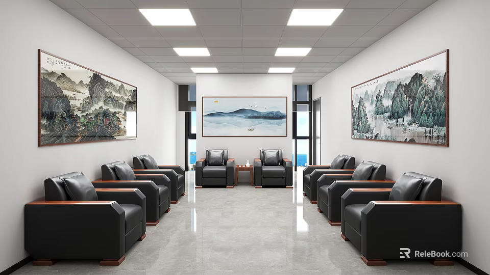 Spacious Hotel Public Lounge Area Featuring Black Leather Sofas And Landscape Paintings 3d model 