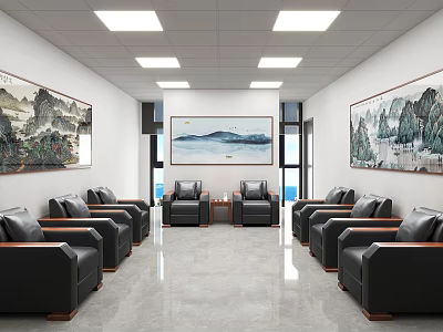 Spacious Hotel Public Lounge Area Featuring Black Leather Sofas And Landscape Paintings 3d model
