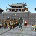 Ancient City Gate Tower With Traditional Curved Eaves Hanging Red Lanterns And Stone Walls