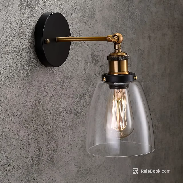 Industrial Style Wall Lamp With Black Base Brass Arm And Clear Glass Shade 3d model 