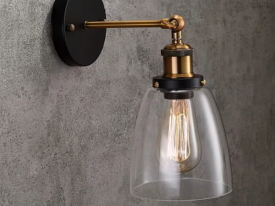 Industrial Style Wall Lamp With Black Base Brass Arm And Clear Glass Shade 3d model