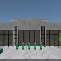 Gray Marble Building Entrance With Glass Doors Green Decorations And Trees
